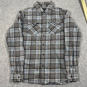Fox Racing Mens Long Sleeve Plaid Flannel Shirt Grey Blue Black Button Up Medium